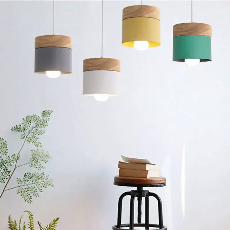 Wood and colored metal chandelier Nordic style